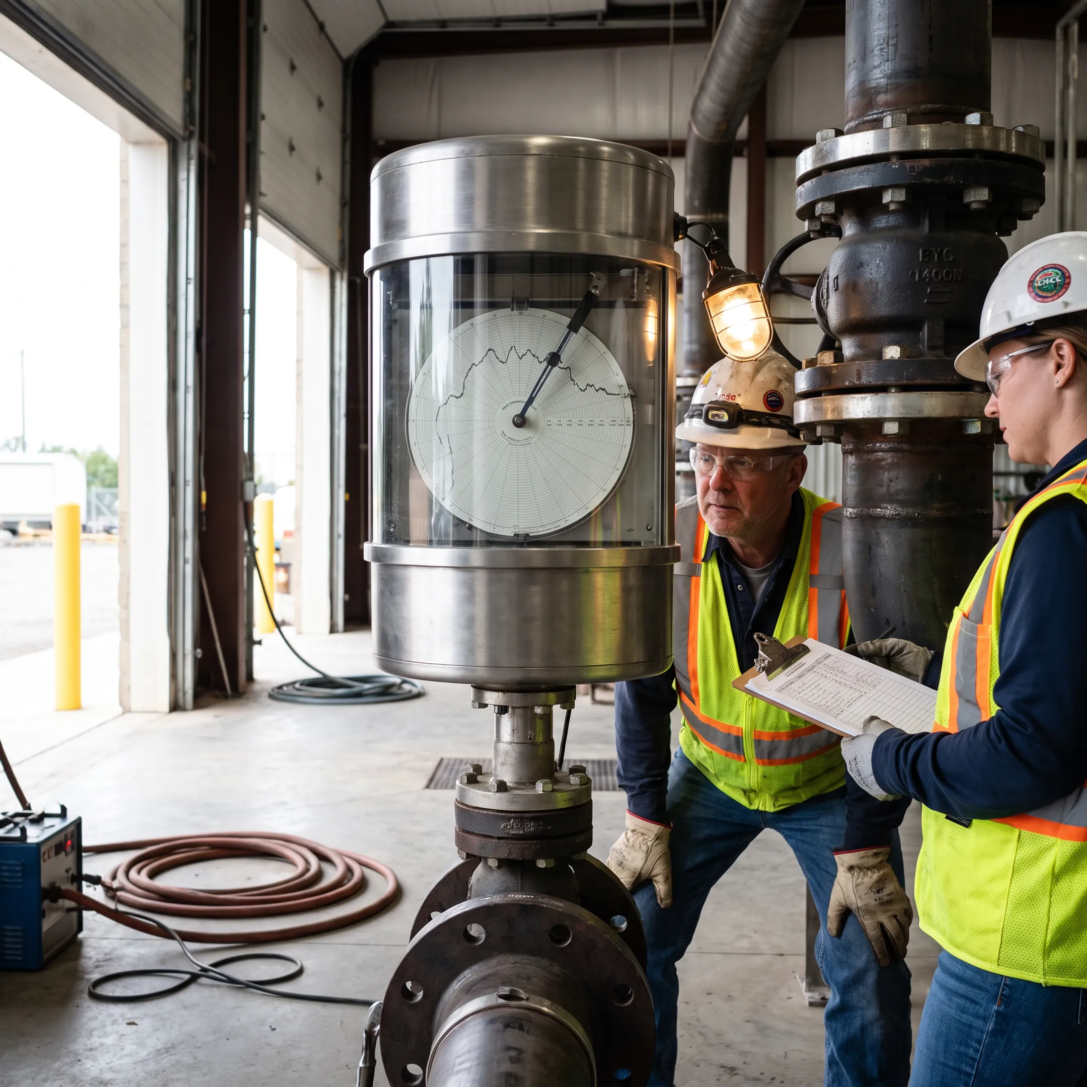 Maintenance team using a chart recorder