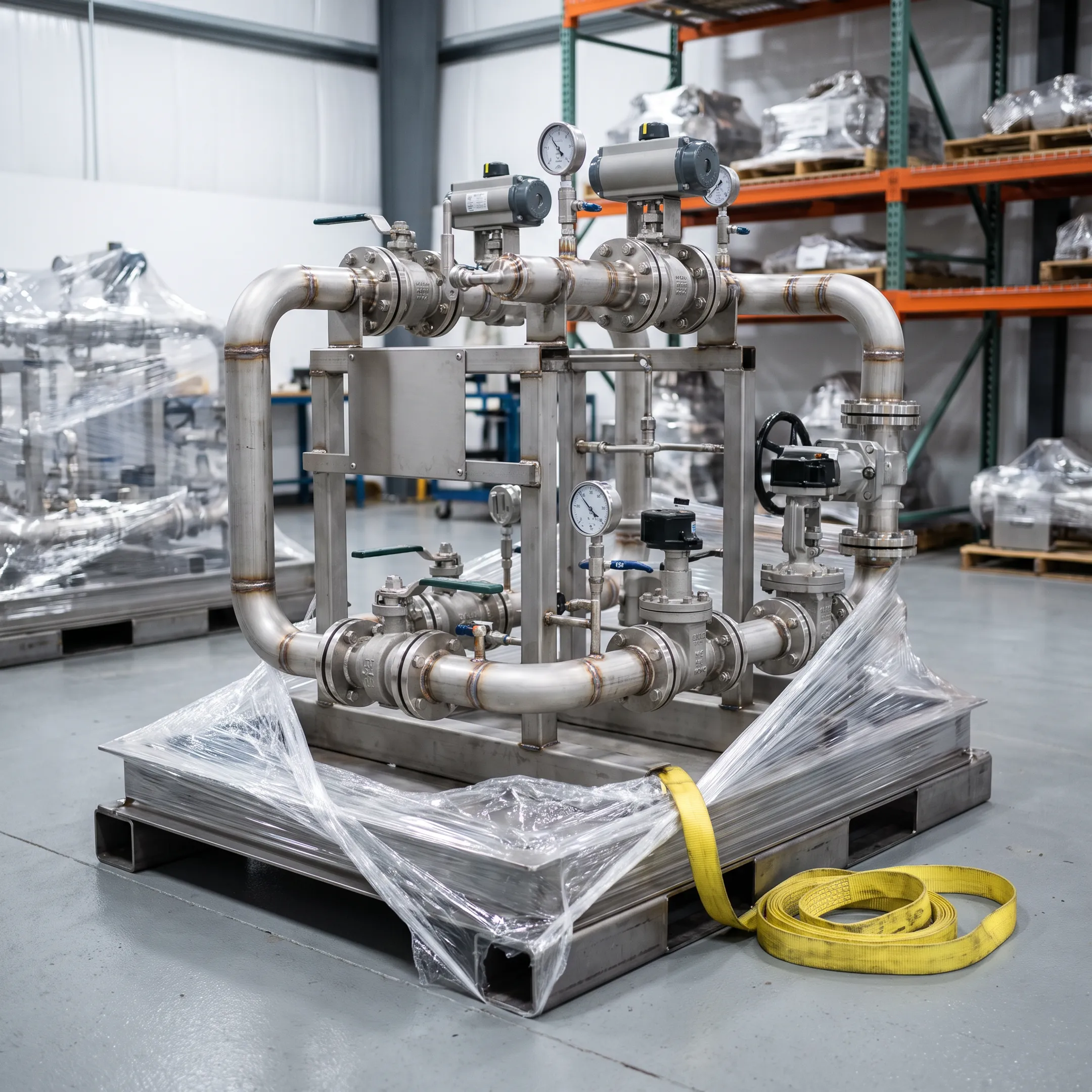 Skid assembly with stainless steel fittings