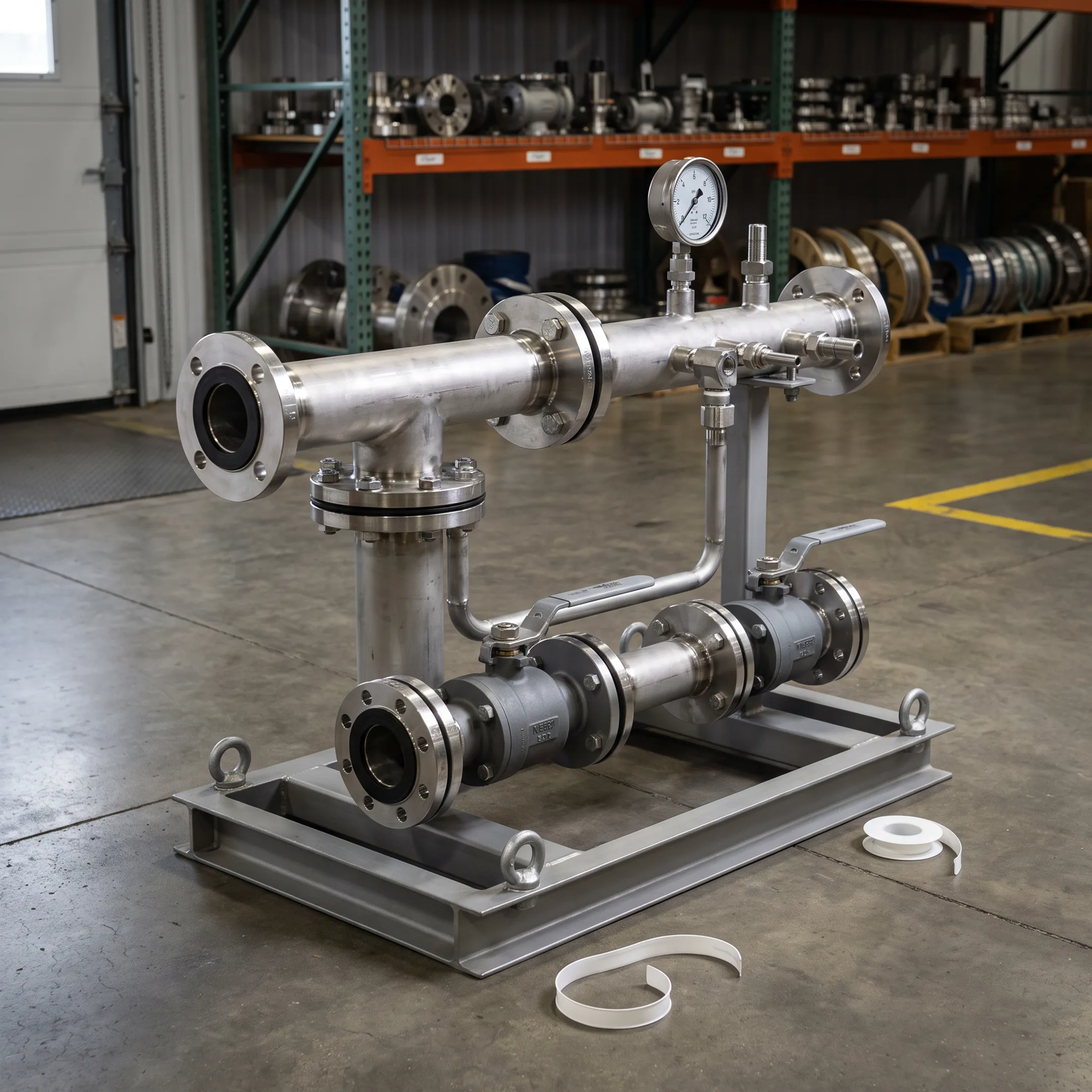 Skid assembly with stainless steel fittings