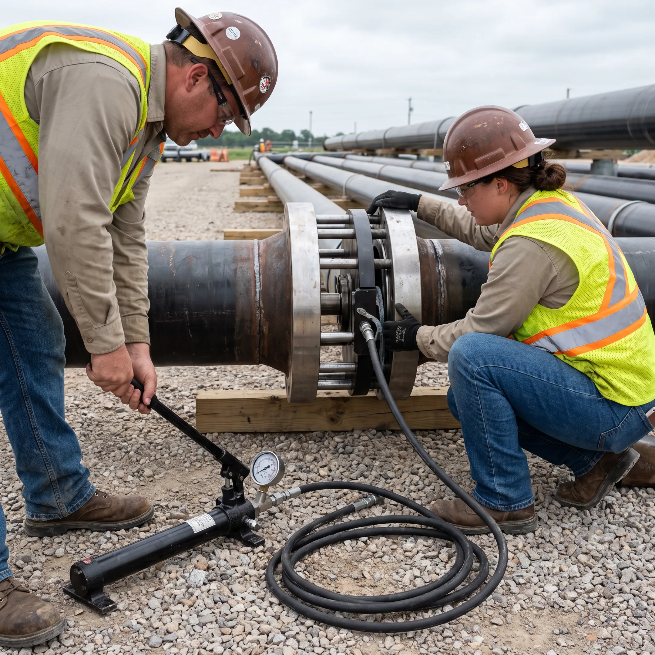 Pipeline construction using hydraulic flange tools