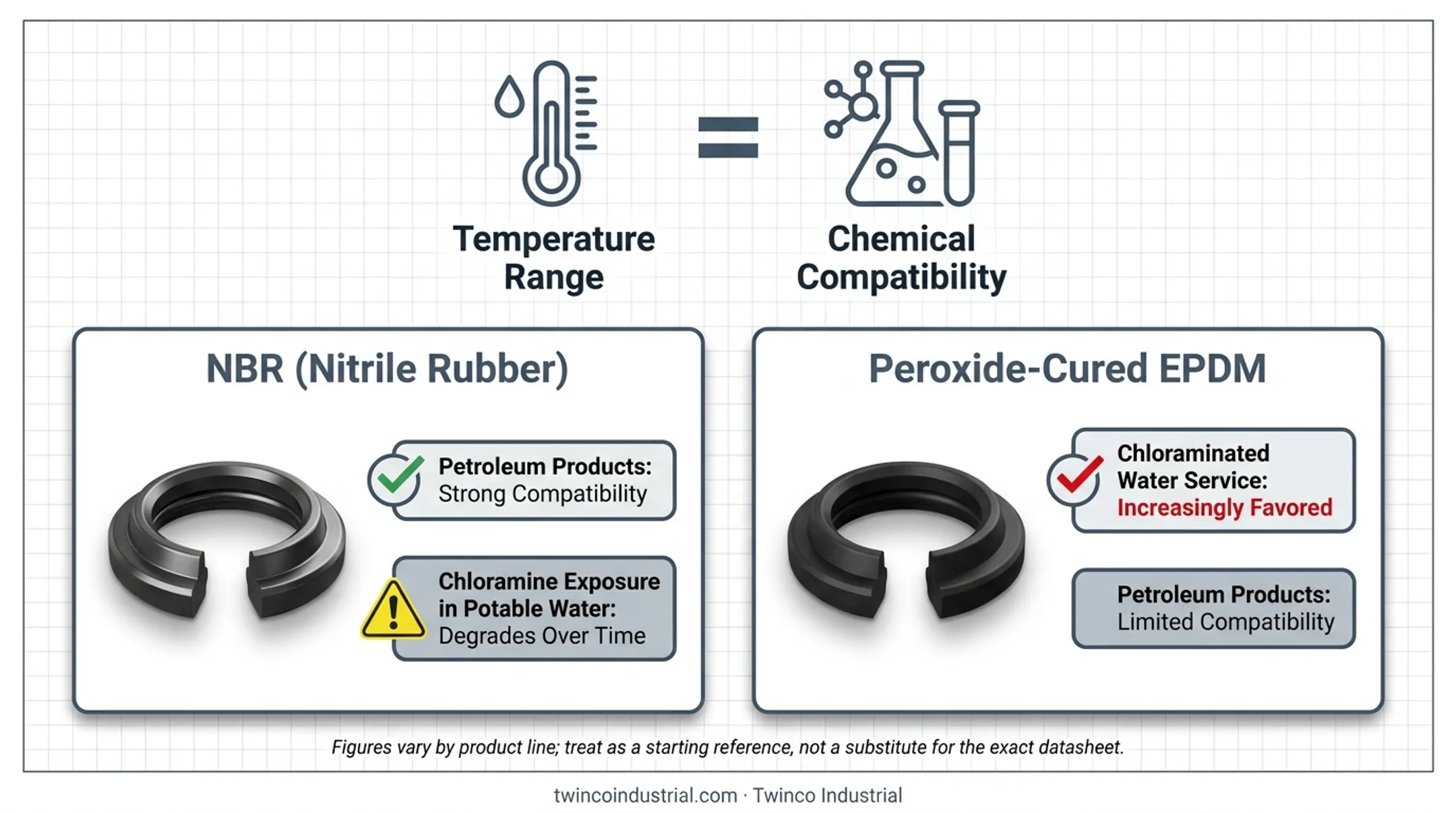 EPDM NBR and FKM butterfly valve seat material temperature comparison