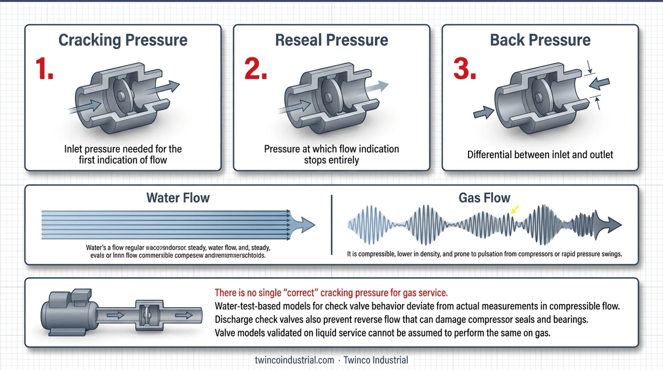 Gas versus liquid check valve behavior and compressor protection infographic