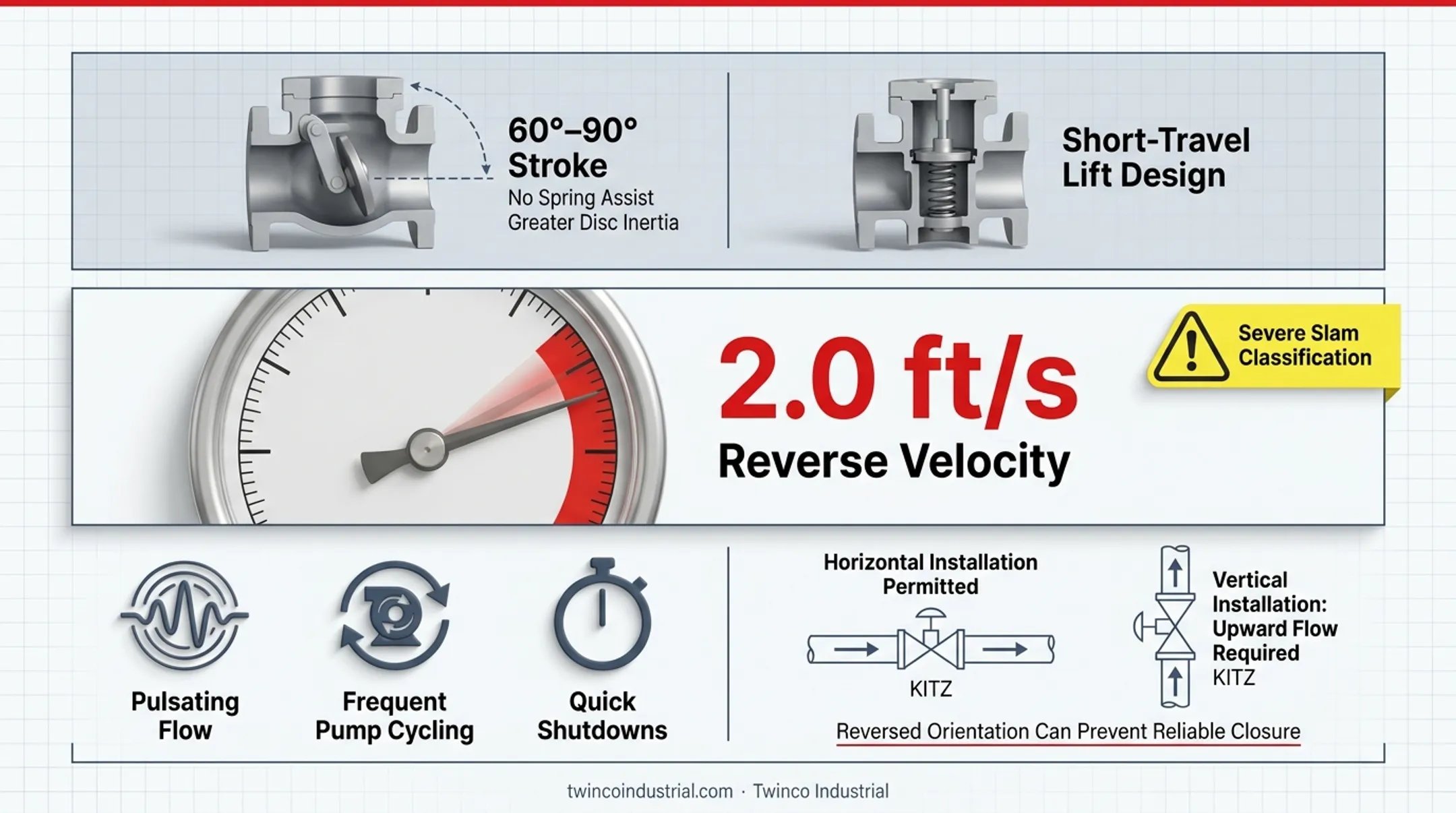 Swing check valve slam risk factors and installation requirements