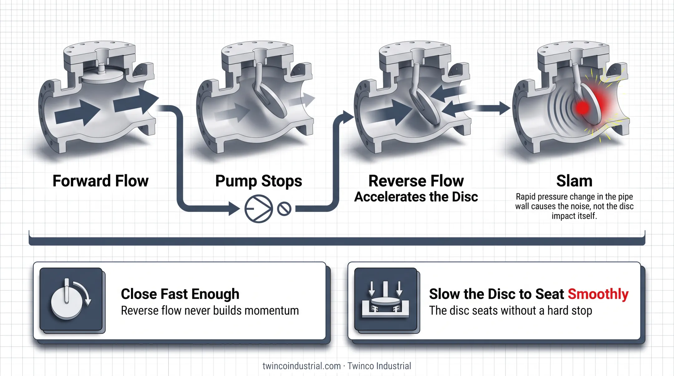 Swing check valve slam sequence causing pipeline pressure transients