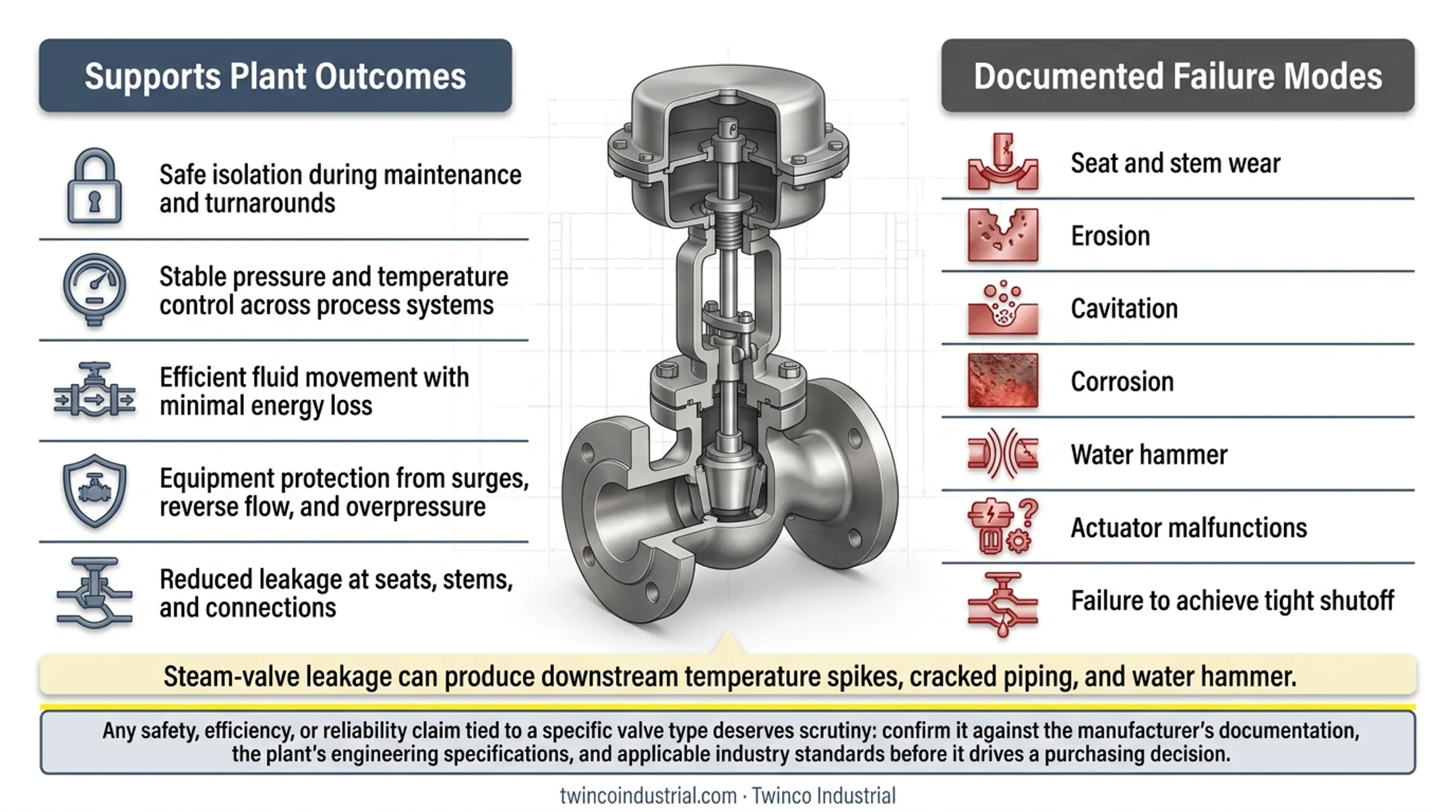 Power plant valve failure modes and steam leakage consequences