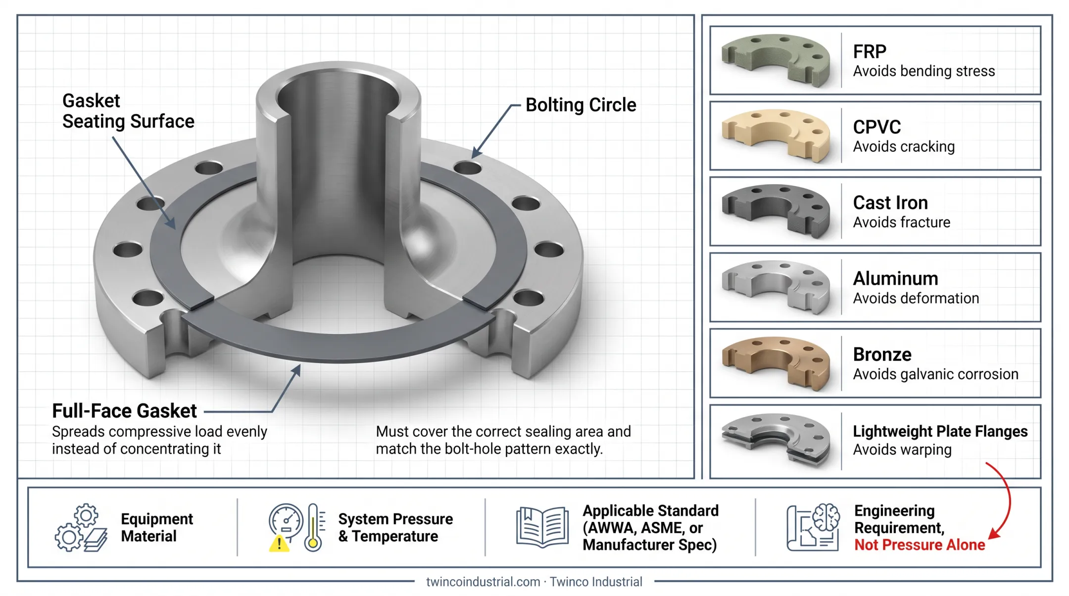 Brittle flange materials requiring full face gaskets and limited torque