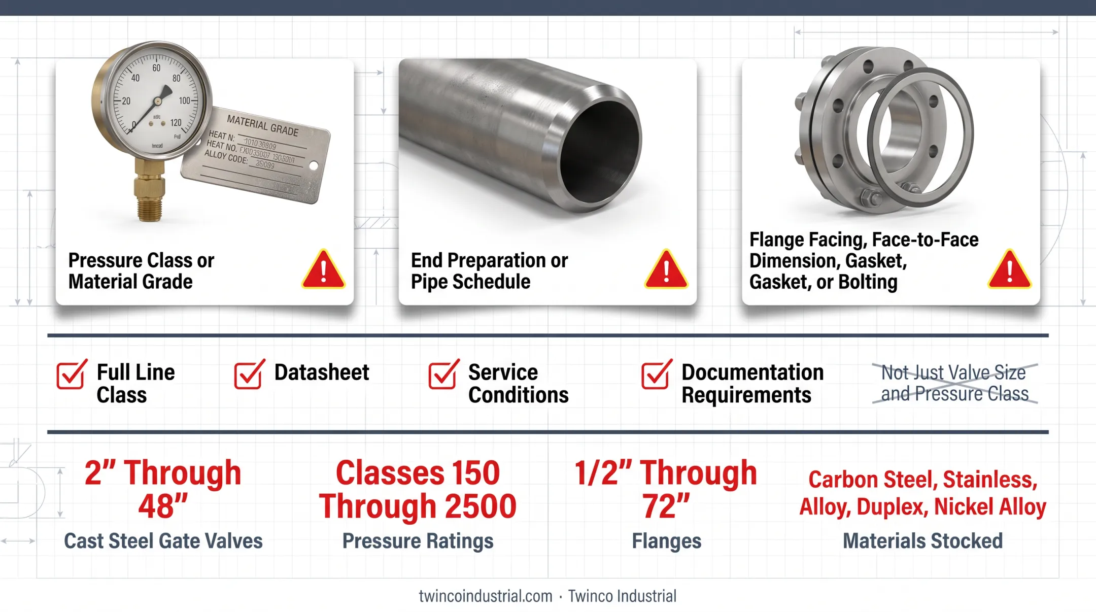 Twinco Industrial valve and flange inventory size range comparison