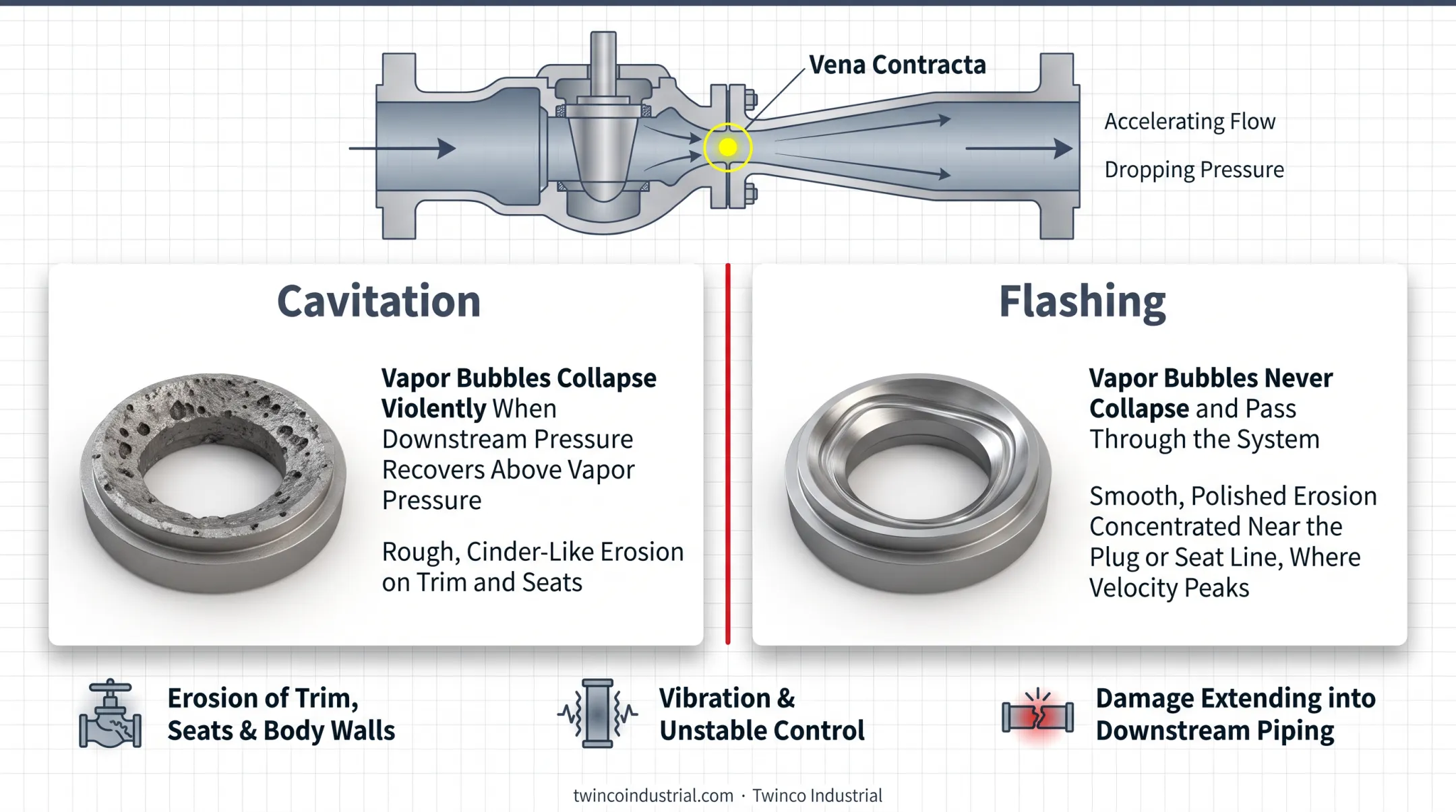 Cavitation versus flashing damage mechanisms in severe service valves