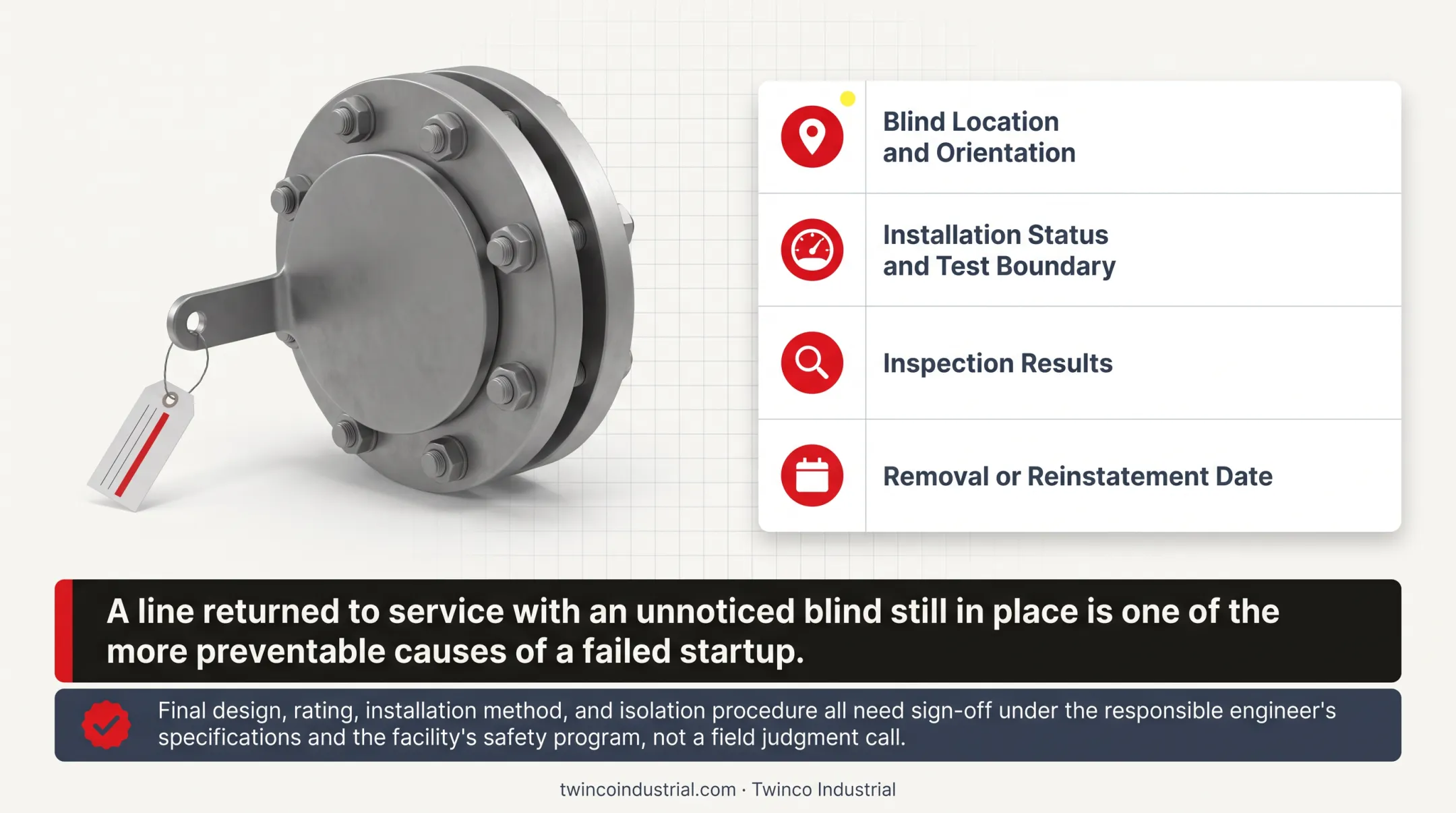 Blind flange installation safety workflow from preparation through sign-off