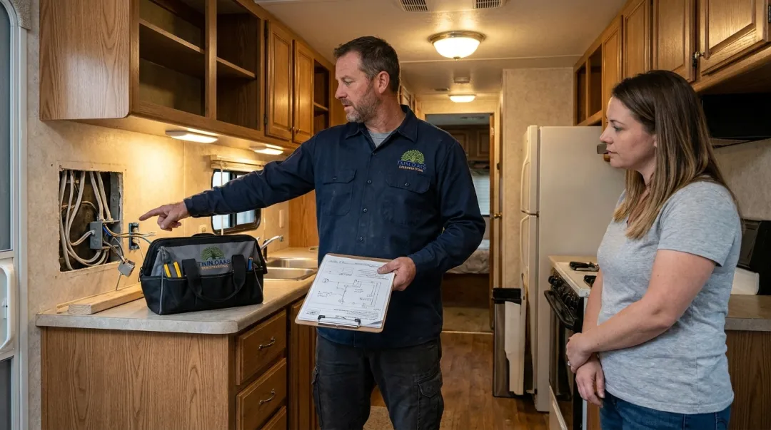 Licensed contractor reviewing permits and electrical plans for mobile home kitchen remodel