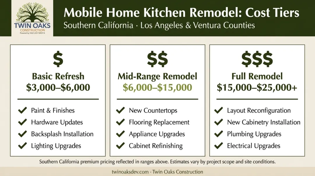 Mobile home kitchen remodel cost tiers basic mid-range and full remodel comparison