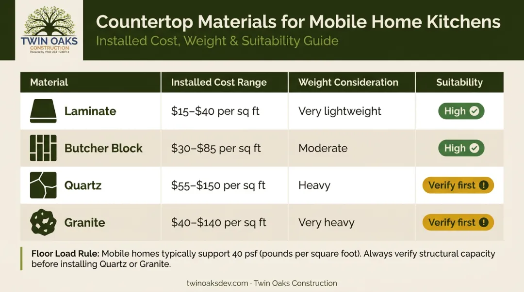 Mobile home kitchen countertop materials comparison weight cost and installation suitability