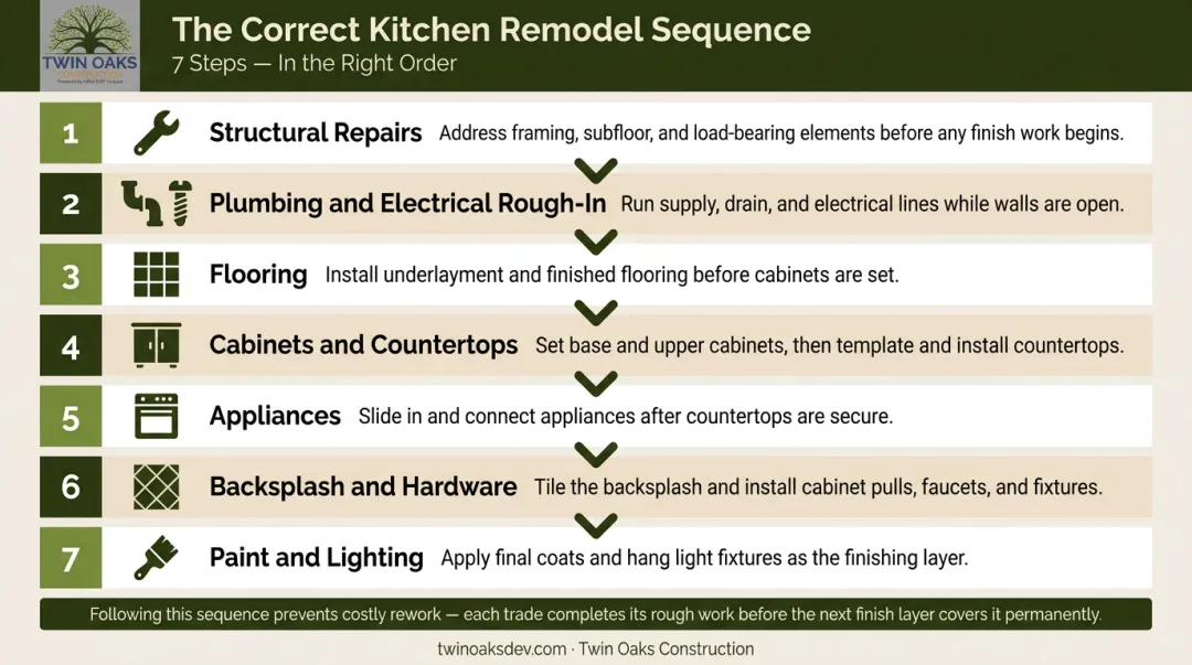 7-step mobile home kitchen remodel correct work sequence from structural to finishing