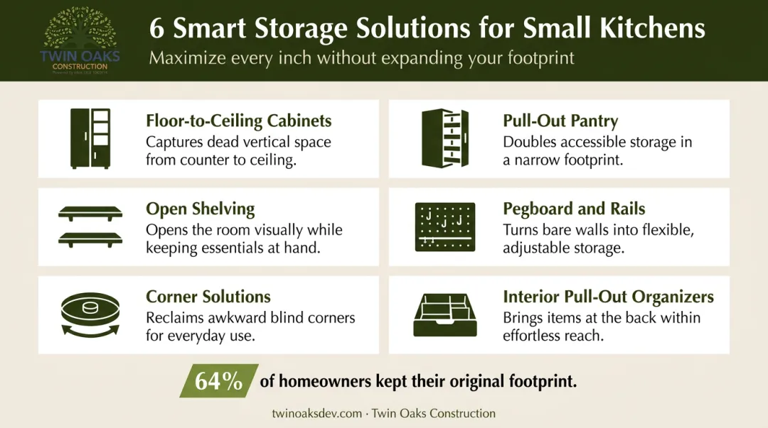 Small kitchen smart storage solutions comparison showing six space-saving upgrade types