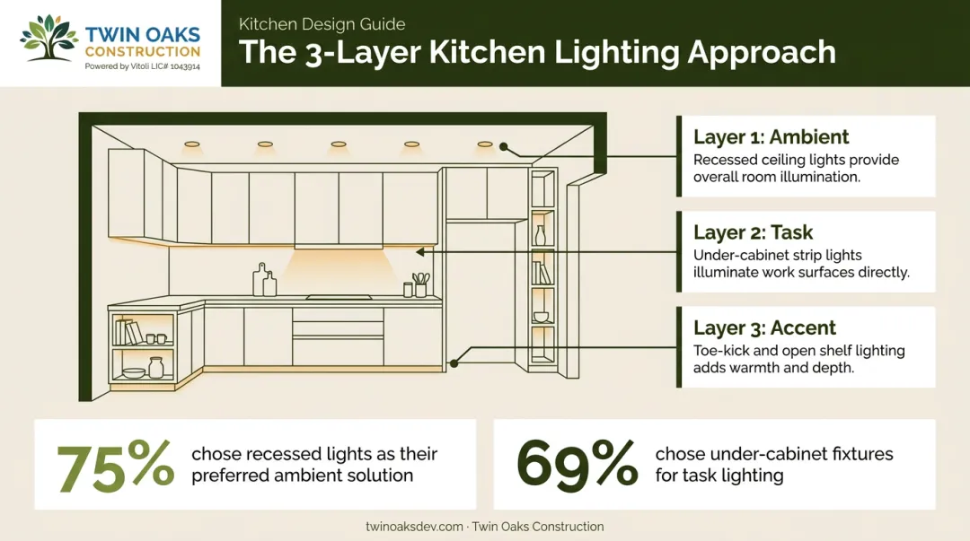 Three-layer kitchen lighting system ambient task and accent zones diagram