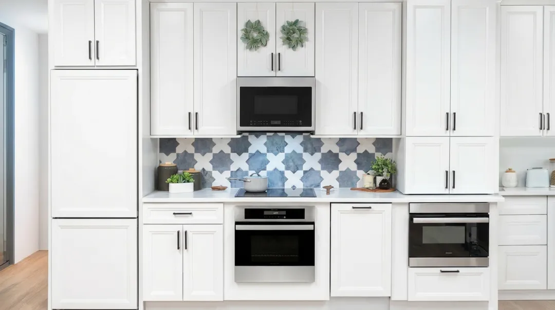 Compact modern kitchen with counter-depth appliances and space-saving multi-function units
