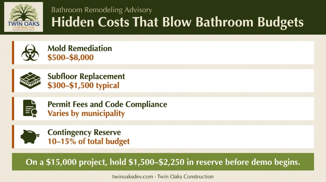Hidden bathroom remodel costs checklist showing mold subfloor permits and contingency reserve