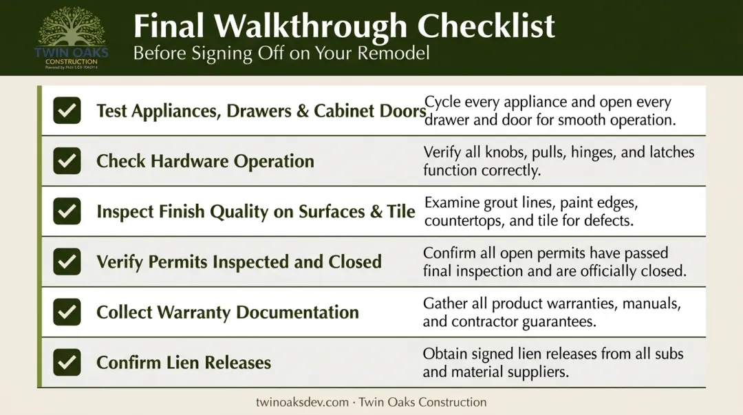 Kitchen remodel final walkthrough checklist six key inspection items before sign-off