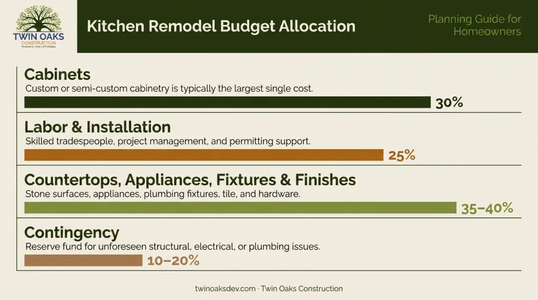 Kitchen remodel budget allocation breakdown showing four spending categories as percentages