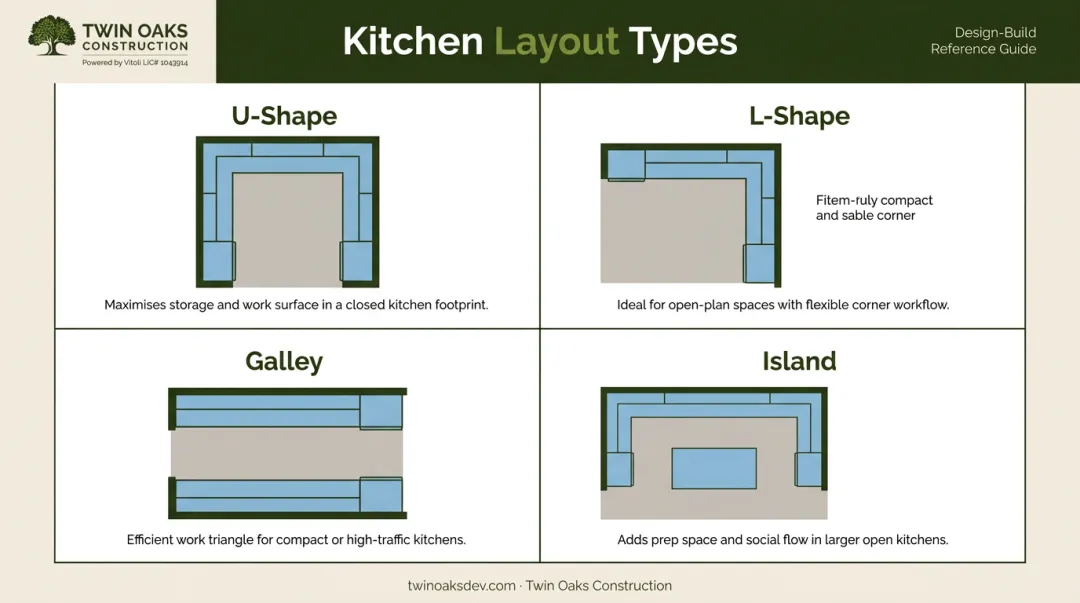 Four common kitchen layout types comparison U-shape L-shape galley and island