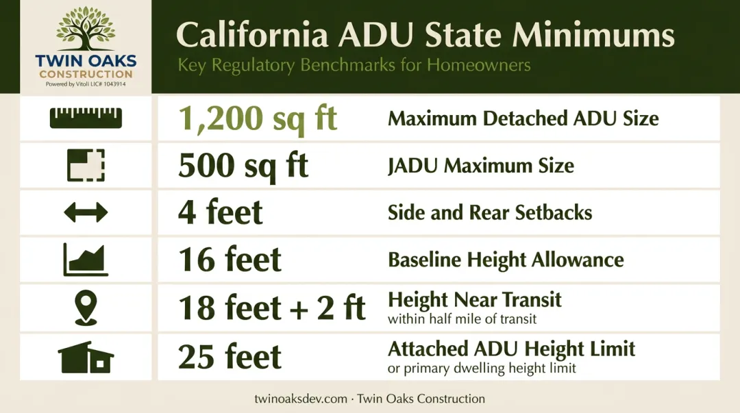 California ADU size height setback requirements state minimums reference chart 2026