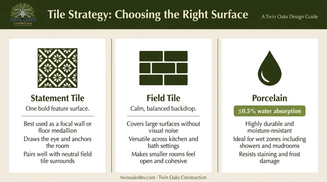 Three-tier guest bathroom tile strategy comparing statement field and porcelain options