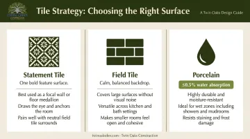 Three-tier guest bathroom tile strategy comparing statement field and porcelain options