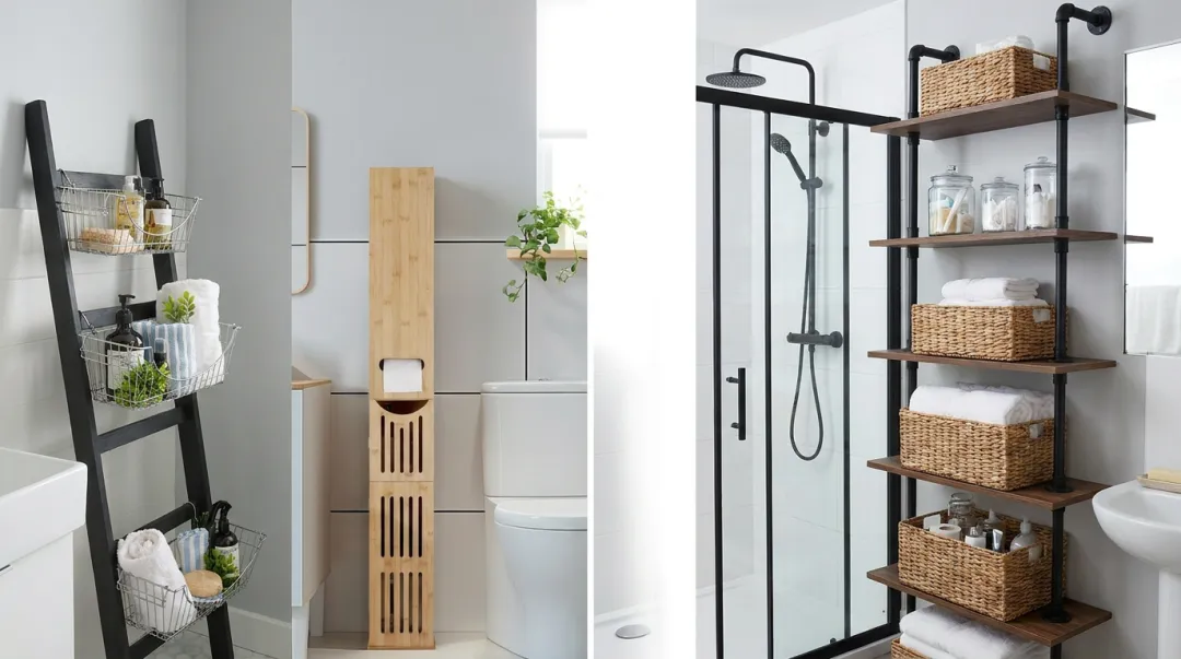 Small guest bathroom with floor-to-ceiling vertical shelving and organized storage baskets