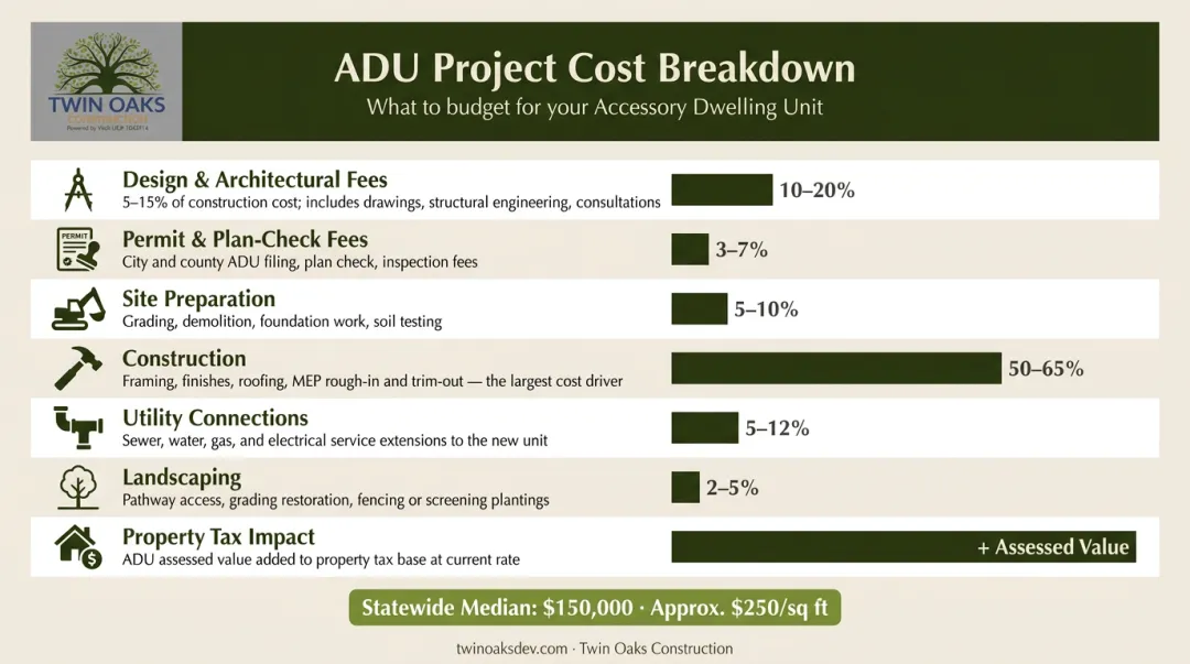 ADU construction cost breakdown by category design permits site prep utilities landscaping