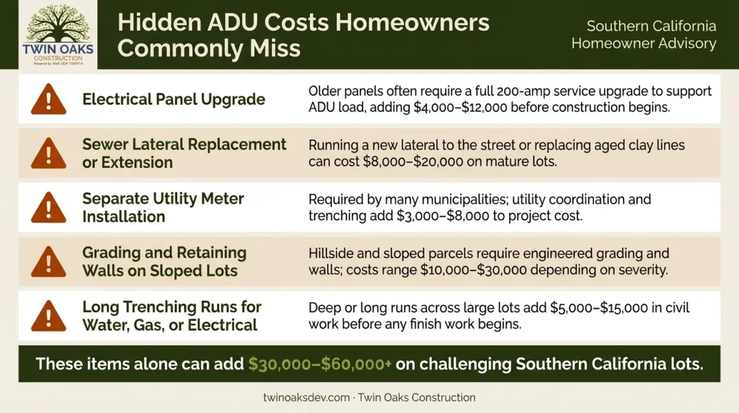 Five most commonly overlooked ADU hidden costs checklist infographic for California homeowners