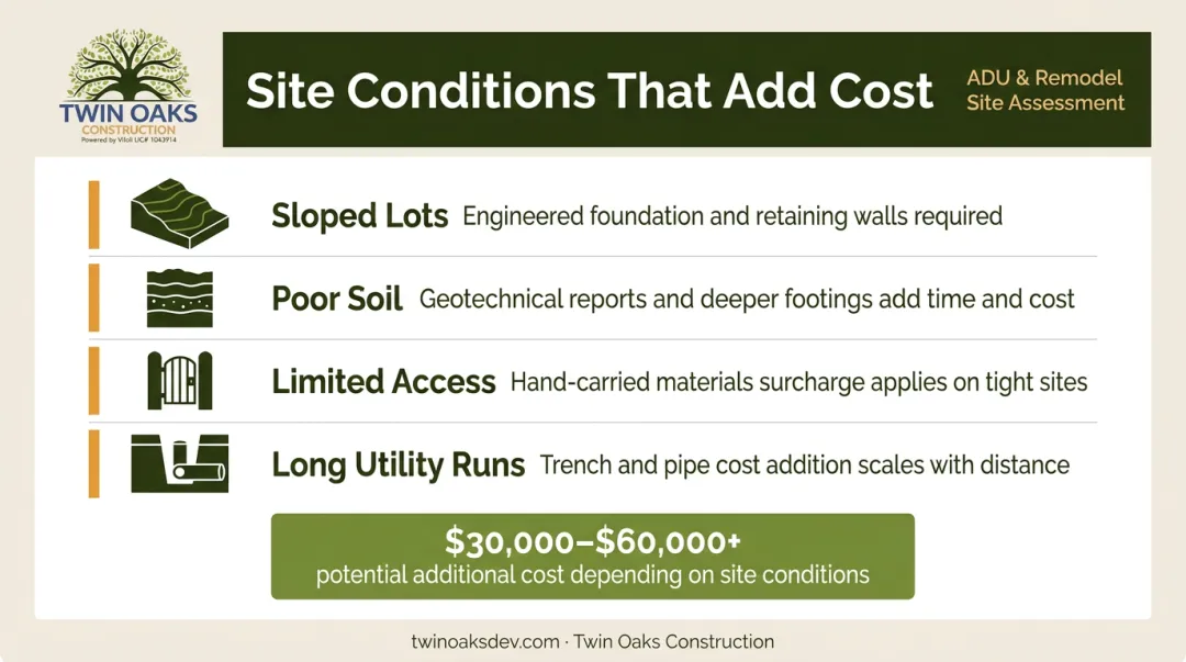 Four site condition cost drivers that increase ADU construction costs infographic