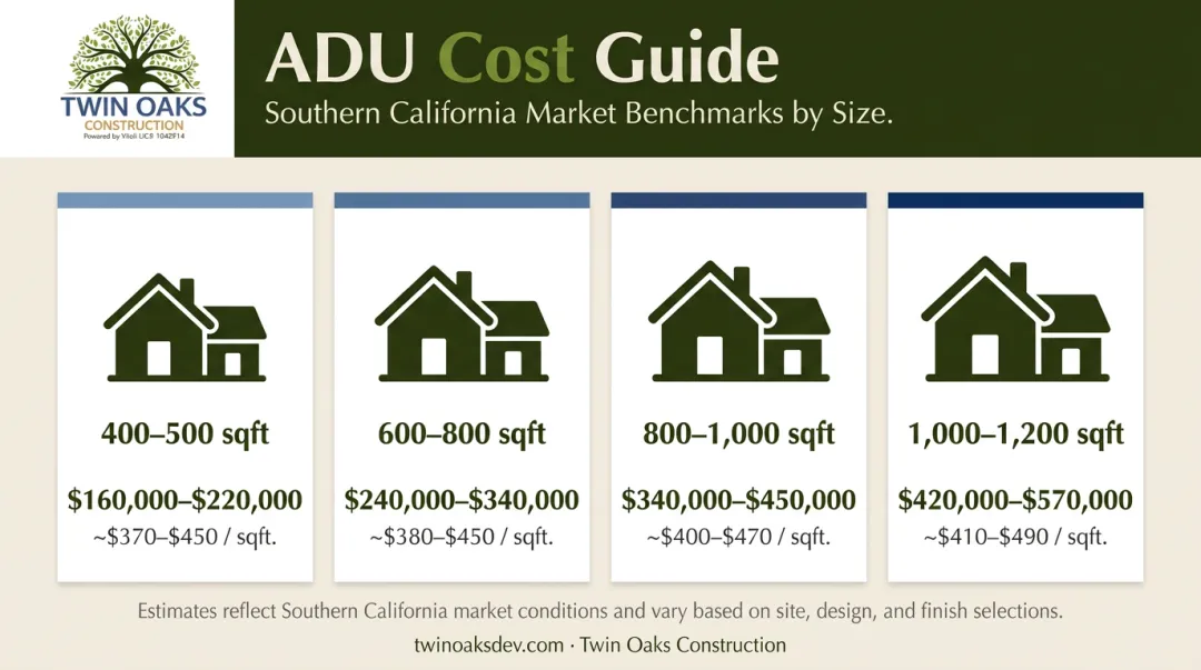 Detached ADU cost by size band in LA and Ventura County comparison table