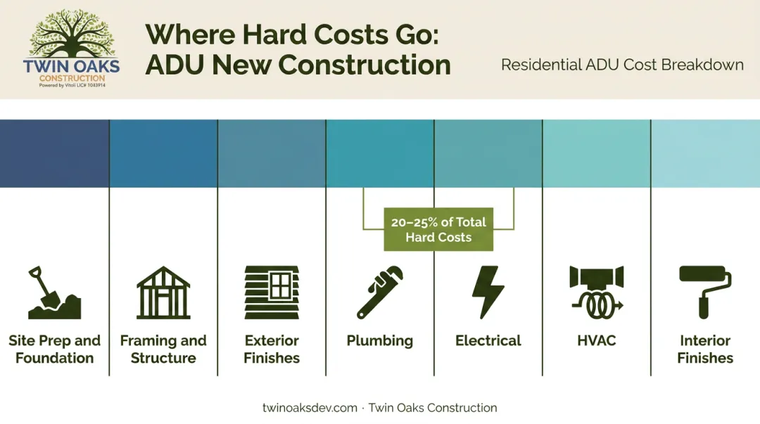 ADU hard cost construction budget breakdown by category percentage infographic