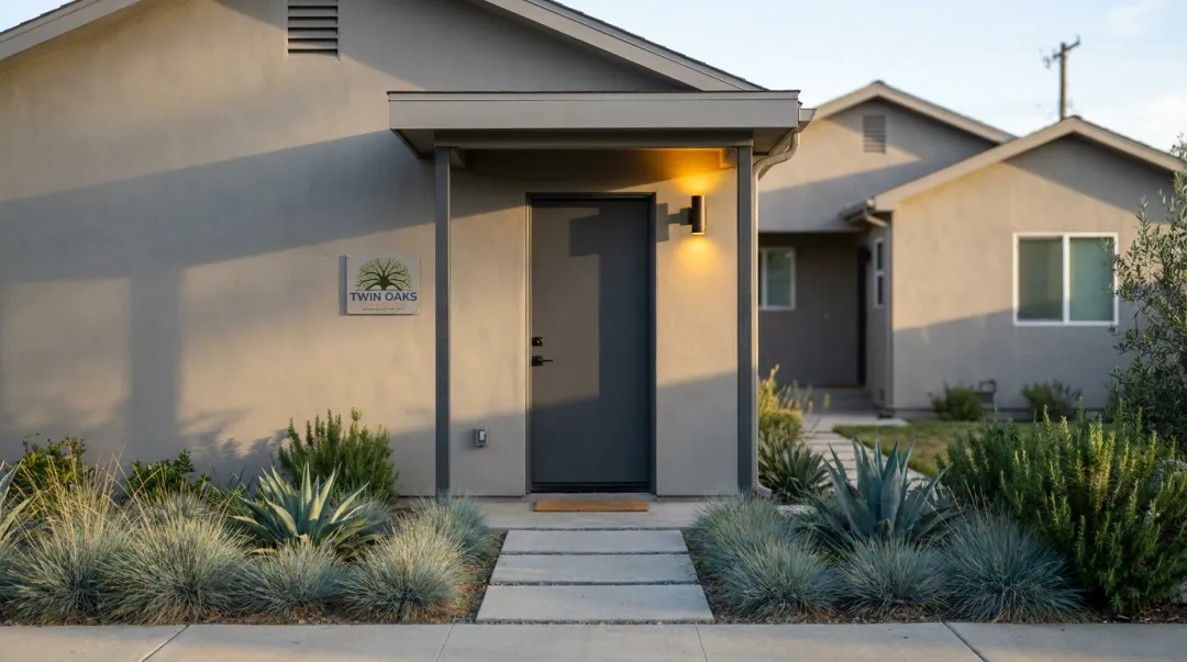 Converted garage ADU exterior with private entrance and landscaped pathway