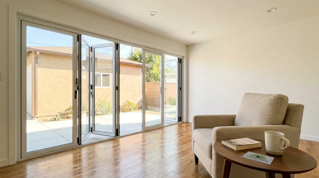 Bright converted garage interior with large glass bifold doors flooding room with natural light