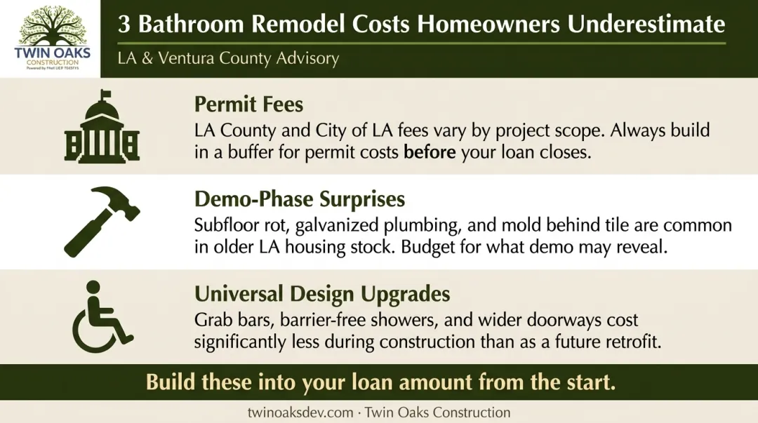 Three hidden bathroom remodel costs homeowners underestimate permit fees demo surprises upgrades