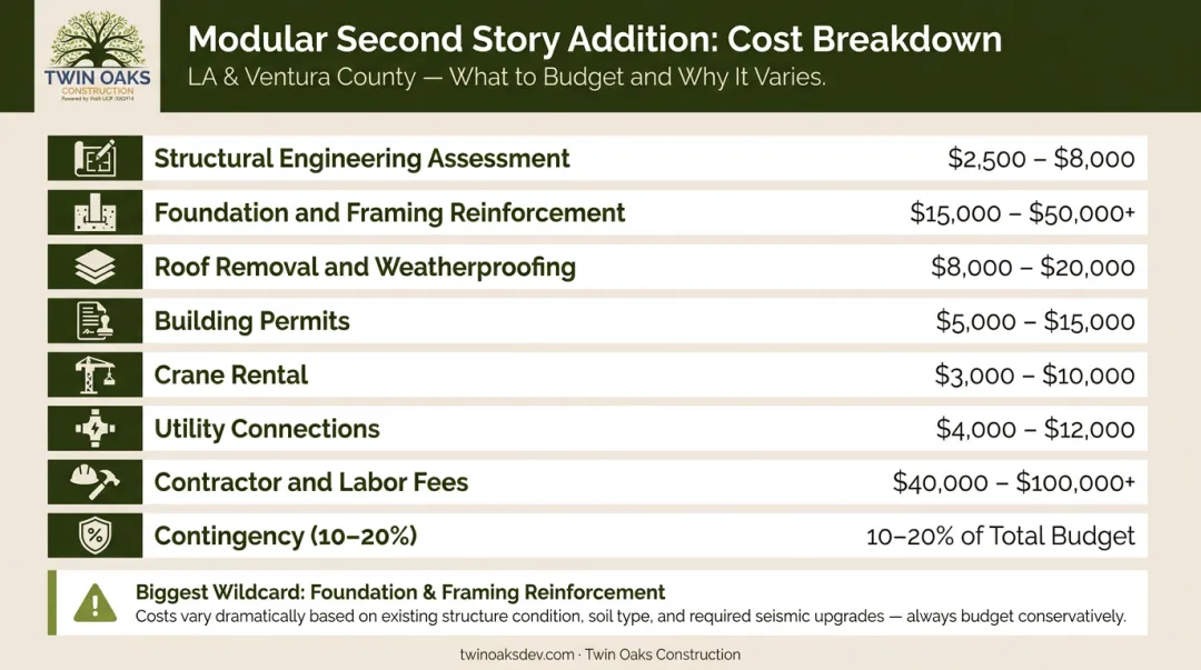 Modular second story addition cost breakdown showing eight major budget categories