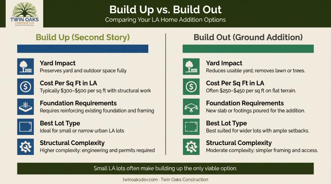 Build up second story versus build out ground addition side-by-side comparison infographic