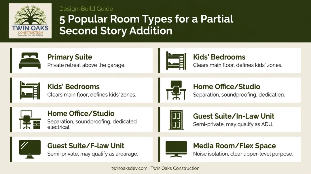 Five popular room ideas for partial second story addition above garage