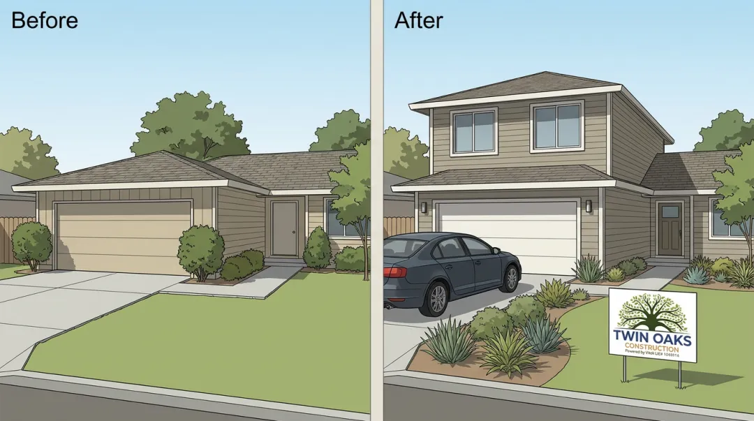 Ranch home exterior before and after partial second story addition above garage