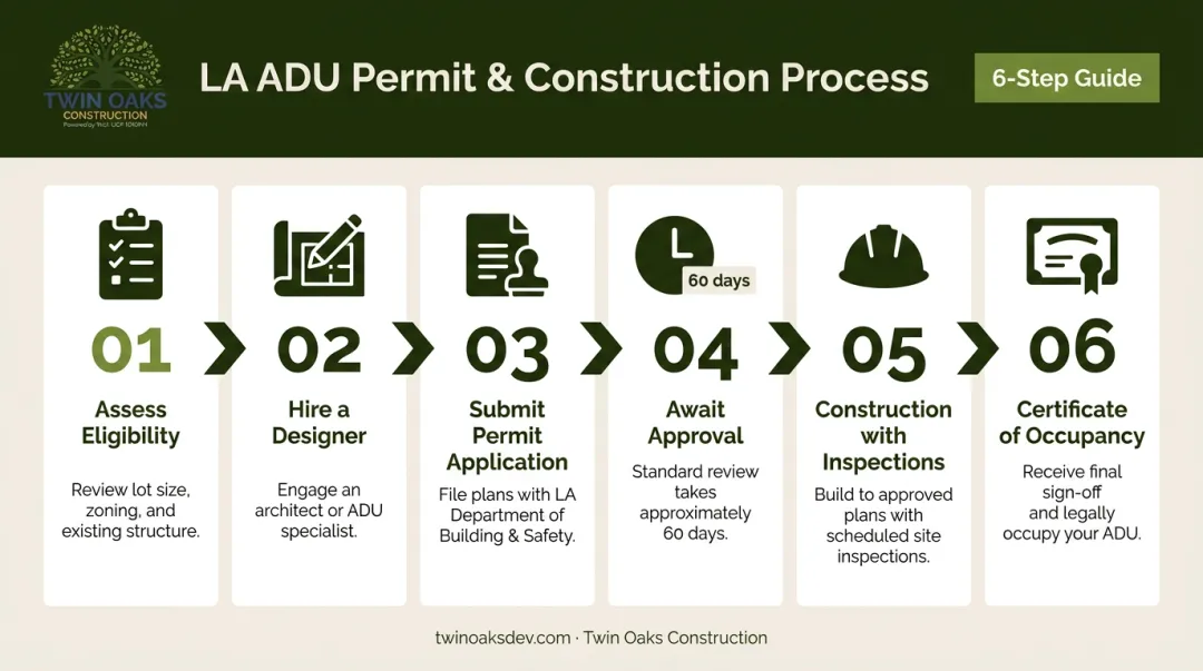 Six-step Los Angeles ADU permit and construction process from eligibility to occupancy