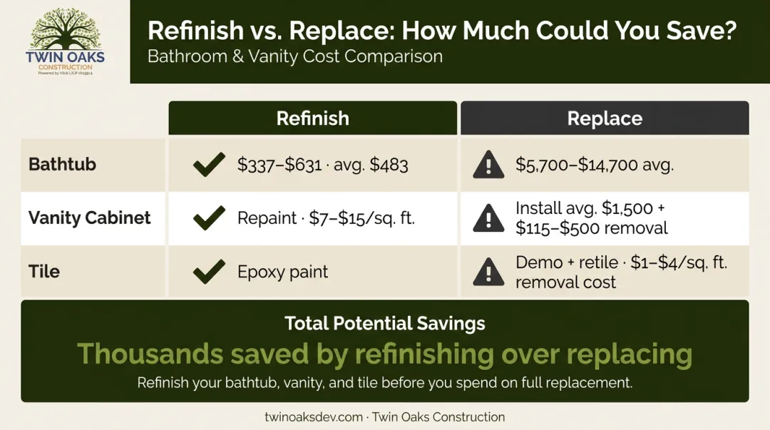 Refinish versus replace bathroom cost comparison tub vanity and tile savings breakdown