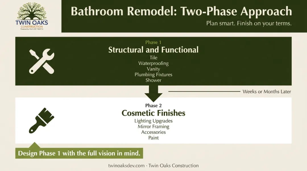 Two-phase bathroom remodel sequencing plan structural work then cosmetic finishes