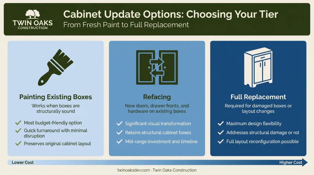 Three-tier kitchen cabinet update options comparison from painting to full replacement