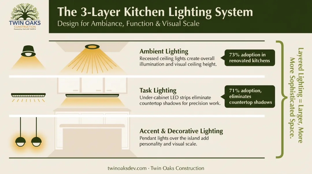 Three-layer kitchen lighting system ambient task and accent types explained