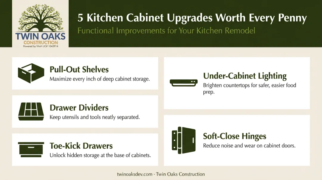 Five functional kitchen cabinet upgrade options with icons and descriptions