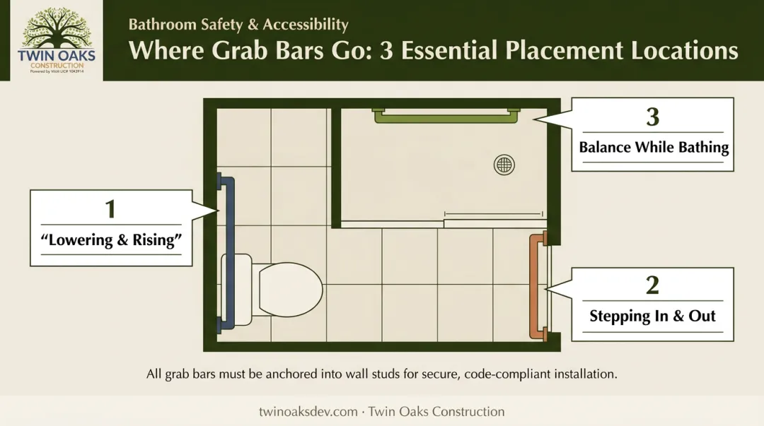 Three grab bar placement locations in senior bathroom safety diagram