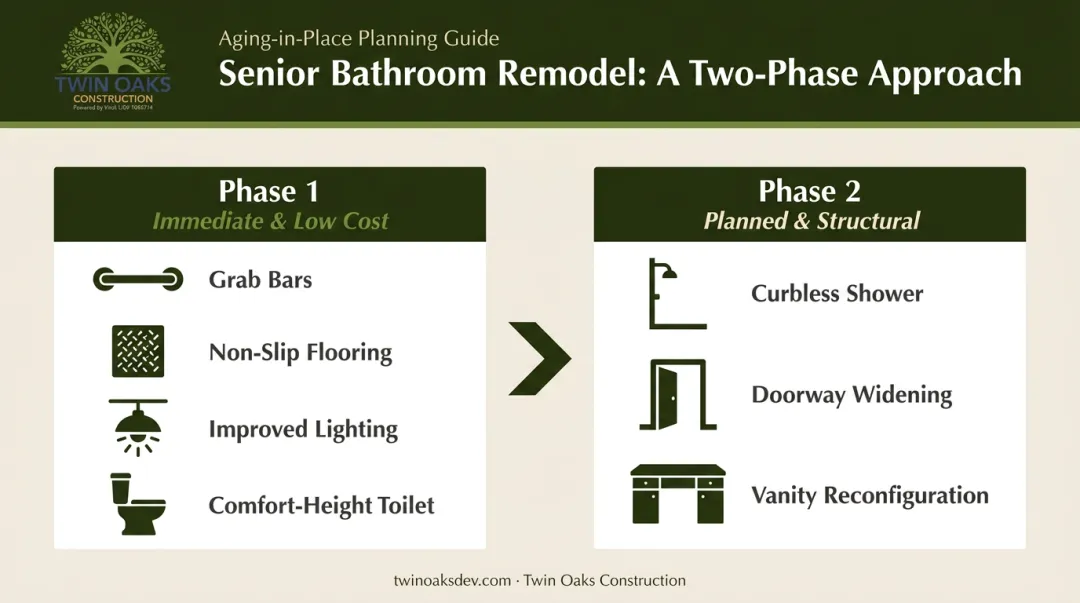 Two-phase senior bathroom remodel planning process sequential infographic