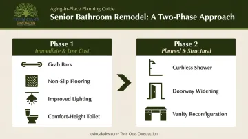 Two-phase senior bathroom remodel planning process sequential infographic