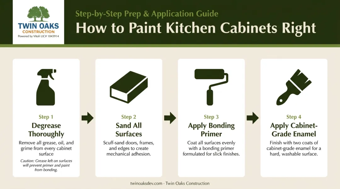 4-step cabinet painting process from degreasing to enamel topcoat application